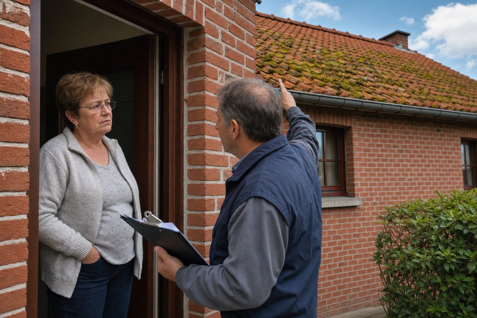 Propriétaire méfiant face à un démarcheur sur le pas de sa porte, devant une toiture en tuiles couverte de mousse — reconnaître une arnaque au démarchage toiture en Lorraine