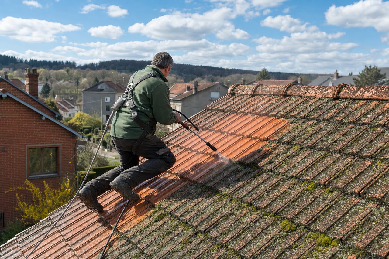Couvreur zingueur en train de réaliser un démoussage de toiture en Lorraine sur des tuiles terre cuite à moitié nettoyées