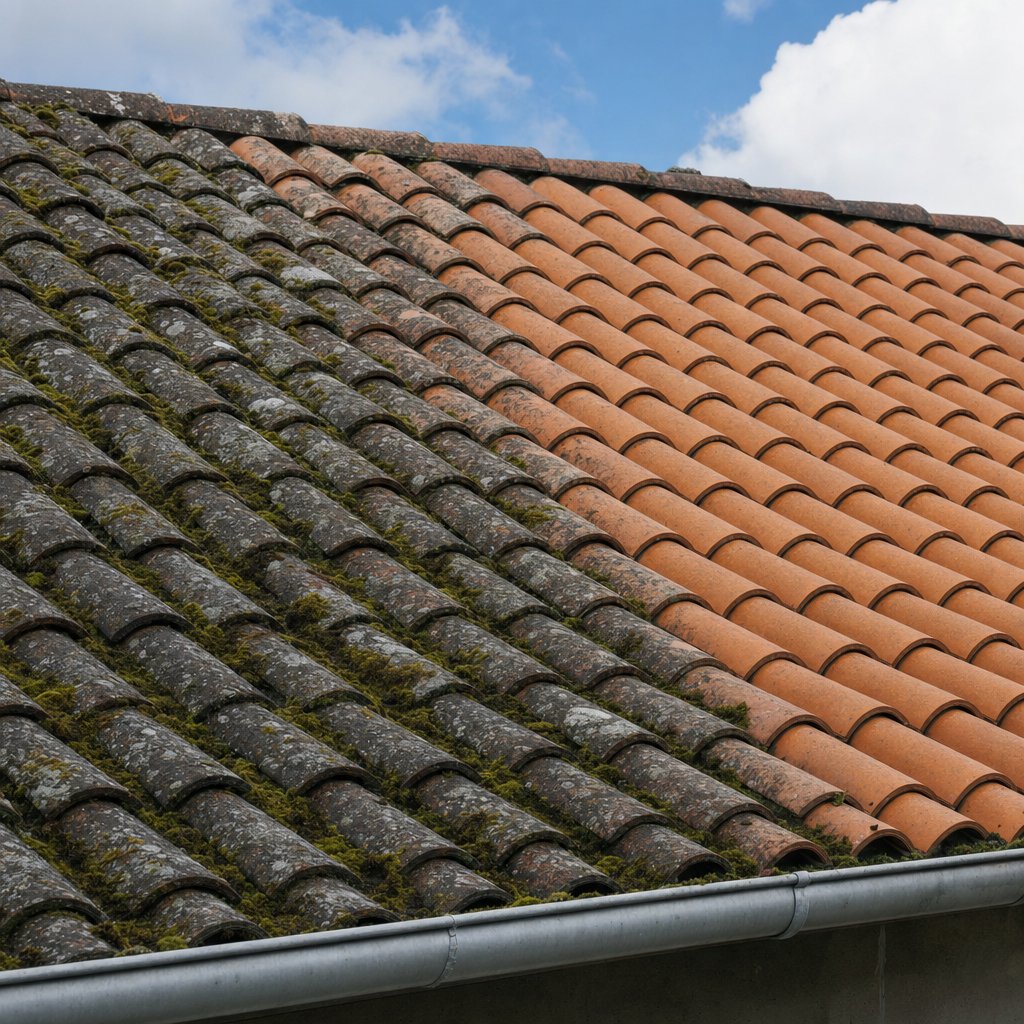 Tuiles en terre cuite à moitié démoussées : mousse et lichen à gauche, tuile propre à droite — démoussage de toiture en Lorraine