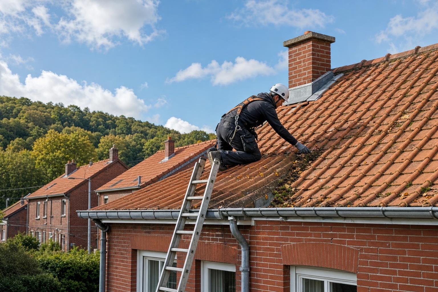 Entretien de toiture en Meurthe-et-Moselle : couvreur harnaché nettoyant la noue d'un toit en tuiles d'une maison en brique de la vallée de l'Orne