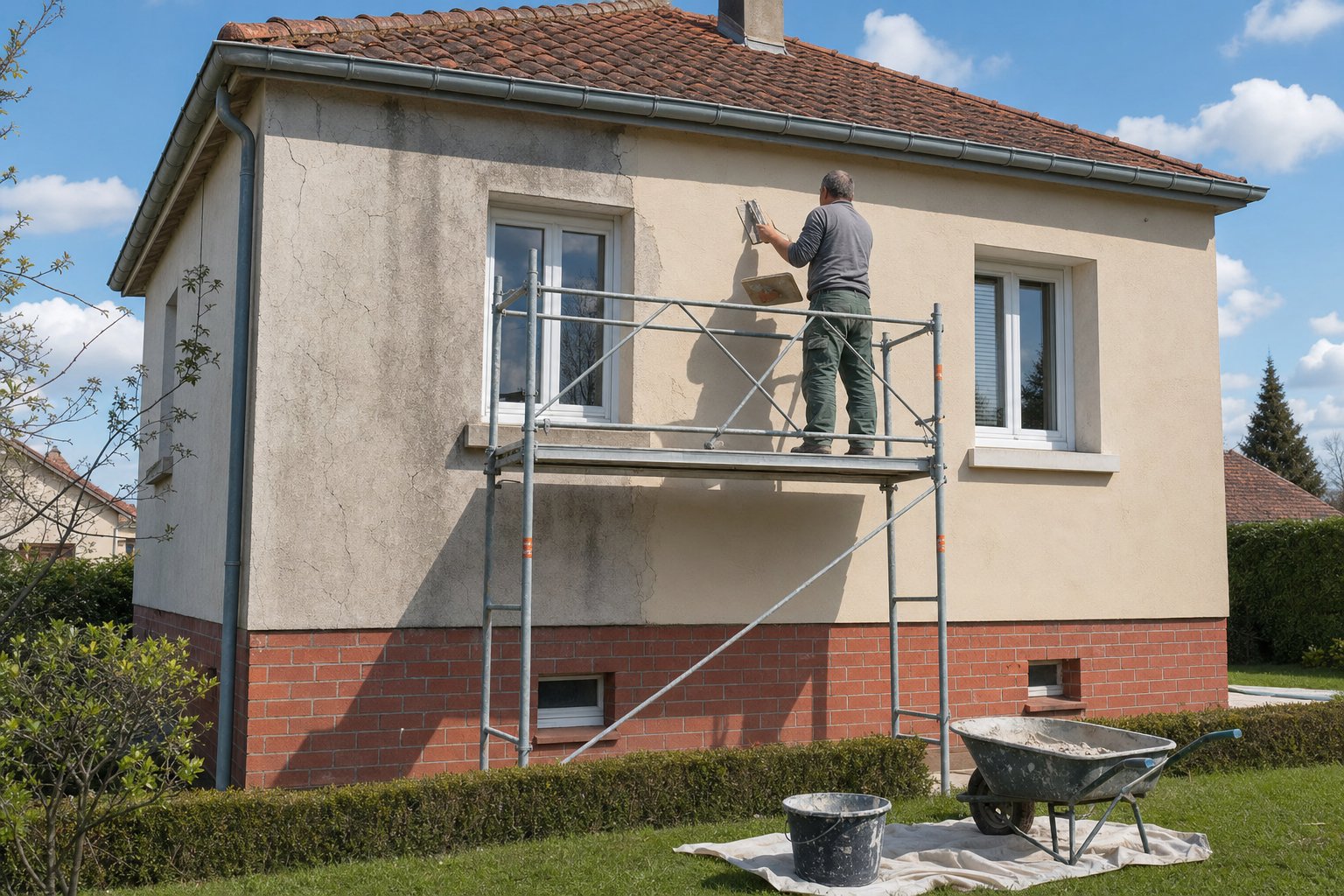 Artisan réalisant un ravalement de façade en Meurthe-et-Moselle sur un pavillon en brique, échafaudage monté et enduit neuf appliqué