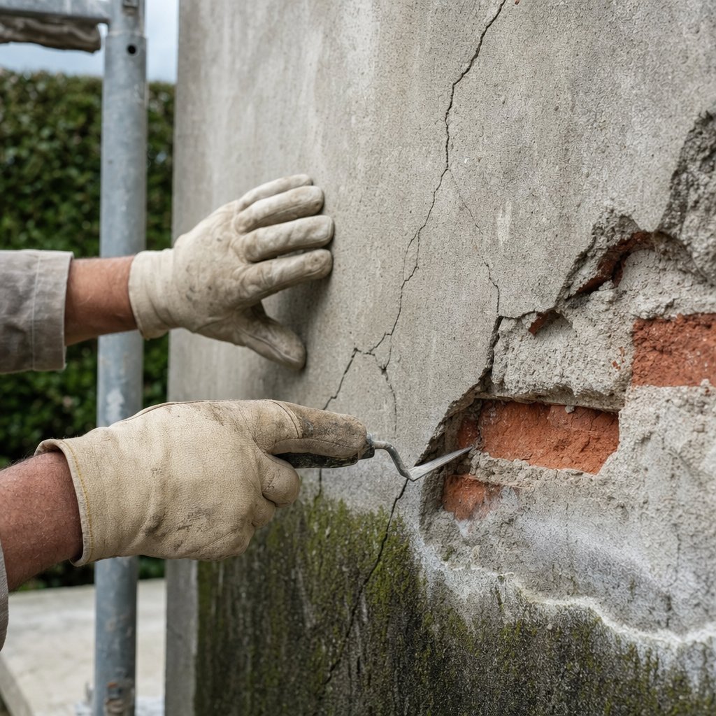 Enduit ciment fissuré et décollé laissant apparaître la brique sur une façade à rénover en Meurthe-et-Moselle