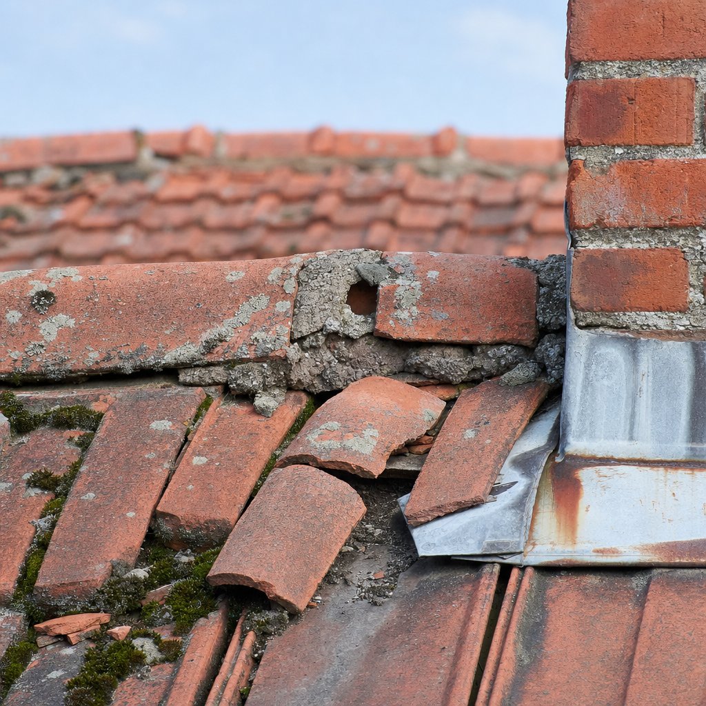 Tuiles fissurées et mortier de faîtage effrité sur une toiture ancienne à refaire en Meurthe-et-Moselle
