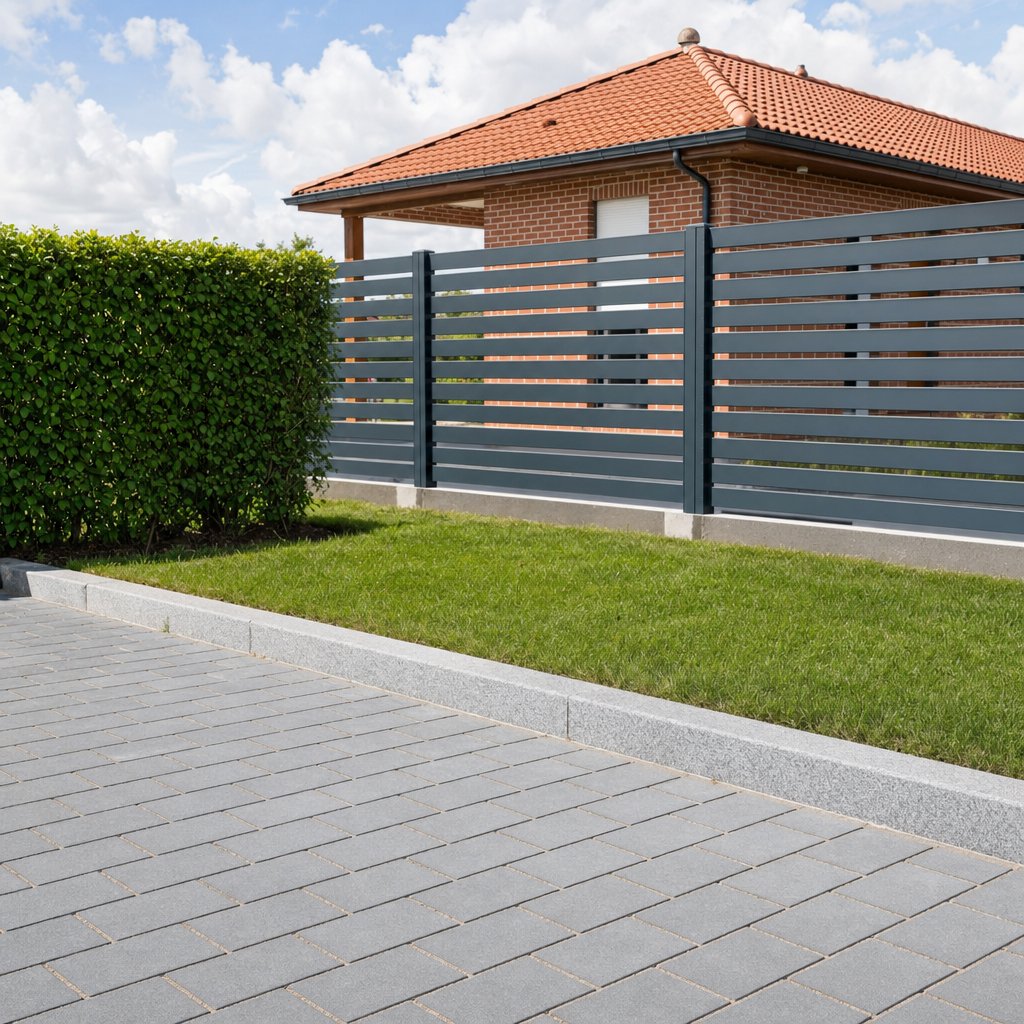 Allée en pavés béton, bordure granit et clôture aluminium après terrassement — aménagement extérieur dans la vallée de l'Orne