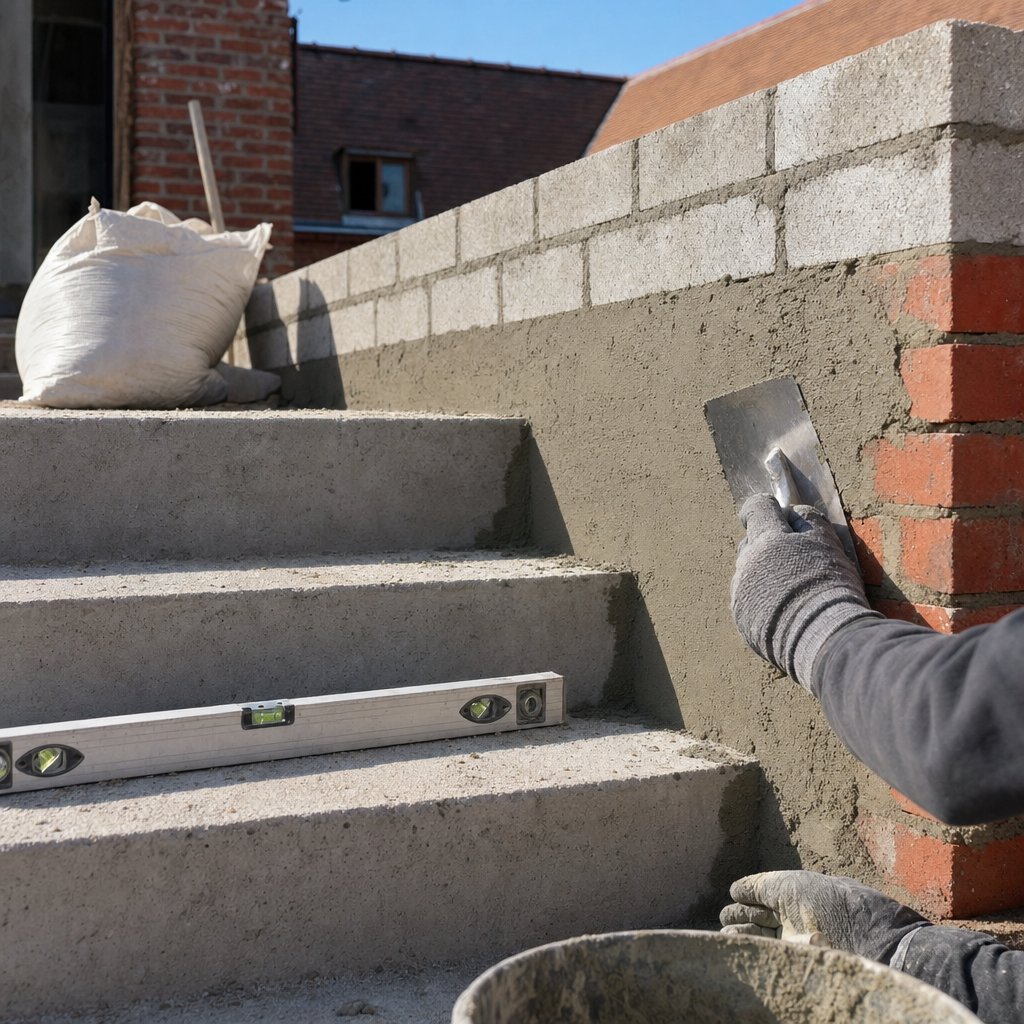 Escalier extérieur en béton et mur bas en cours d'enduit dans un jardin de la vallée de l'Orne — maçonnerie C.C Rénovation